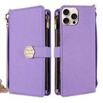 For iPhone 13 Pro Crossbody Handle Cross Texture Leather Phone Case(Purple)