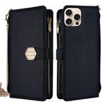 For iPhone 13 Pro Max Crossbody Handle Cross Texture Leather Phone Case(Black)