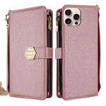 For iPhone 13 Pro Max Crossbody Handle Cross Texture Leather Phone Case(Rose Gold)