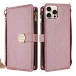 For iPhone 15 Pro Crossbody Handle Cross Texture Leather Phone Case(Rose Gold)