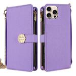 For iPhone 15 Pro Crossbody Handle Cross Texture Leather Phone Case(Purple)