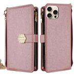 For iPhone 15 Pro Max Crossbody Handle Cross Texture Leather Phone Case(Rose Gold)