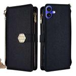 For iPhone 16 Plus Crossbody Handle Cross Texture Leather Phone Case(Black)