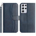 For Samsung Galaxy S21 Ultra 5G Dual-Folded S-shape Leather Phone Case(Navy Blue)
