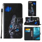 For Oppo A7 / A5S / A12 Cross Texture Painting Pattern Horizontal Flip Leather Case with Holder & Card Slots & Wallet & Lanyard(Blue Butterfly Cat Eye)