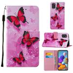 For Samsung Galaxy A21s Cross Texture Painting Pattern Horizontal Flip Leather Case with Holder & Card Slots & Wallet & Lanyard(Pink Butterfly)