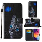 For Samsung Galaxy A50 / A50s / A30s Cross Texture Painting Pattern Horizontal Flip Leather Case with Holder & Card Slots & Wallet & Lanyard(Blue Butterfly Cat Eyes)