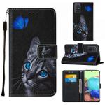 For Samsung Galaxy A71 5G Cross Texture Painting Pattern Horizontal Flip Leather Case with Holder & Card Slots & Wallet & Lanyard(Blue Butterfly Cat Eyes)