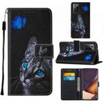 For Samsung Galaxy Note20 Ultra / 5G Cross Texture Painting Pattern Horizontal Flip Leather Case with Holder & Card Slots & Wallet & Lanyard(Blue Butterfly Cat Eyes)