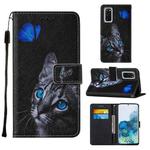 For Samsung Galaxy S20 Cross Texture Painting Pattern Horizontal Flip Leather Case with Holder & Card Slots & Wallet & Lanyard(Blue Butterfly Cat Eyes)