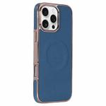 For iPhone 16 Pro Electroplating Soft Side Sticker Leather MagSafe Phone Case(Dark Blue)