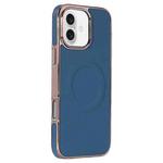 For iPhone 16 Electroplating Soft Side Sticker Leather MagSafe Phone Case(Dark Blue)