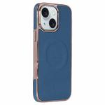 For iPhone 15 Plus Electroplating Soft Side Sticker Leather MagSafe Phone Case(Dark Blue)