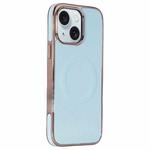For iPhone 15 Plus Electroplating Soft Side Sticker Leather MagSafe Phone Case(Sky Blue)