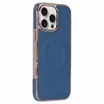 For iPhone 14 Pro Max Electroplating Soft Side Sticker Leather MagSafe Phone Case(Dark Blue)