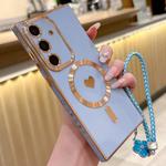 For Samsung Galaxy S25+ 5G Pupil Side Heart MagSafe Electroplating Phone Case with Lanyard(Far Peak Blue)
