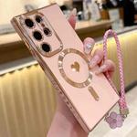 For Samsung Galaxy S25 Ultra 5G Pupil Side Heart MagSafe Electroplating Phone Case with Lanyard(Pink)