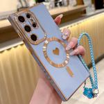 For Samsung Galaxy S25 Ultra 5G Pupil Side Heart MagSafe Electroplating Phone Case with Lanyard(Far Peak Blue)