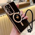 For Samsung Galaxy S24 FE 5G Pupil Side Heart MagSafe Electroplating Phone Case with Lanyard(Black)
