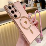For Samsung Galaxy S23 Ultra 5G Pupil Side Heart MagSafe Electroplating Phone Case with Lanyard(Pink)