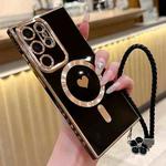 For Samsung Galaxy S23 Ultra 5G Pupil Side Heart MagSafe Electroplating Phone Case with Lanyard(Black)