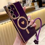 For Samsung Galaxy S23 FE 5G Pupil Side Heart MagSafe Electroplating Phone Case with Lanyard(Dark Purple)