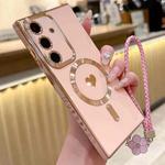 For Samsung Galaxy S23 FE 5G Pupil Side Heart MagSafe Electroplating Phone Case with Lanyard(Pink)