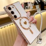 For Samsung Galaxy S23 5G Pupil Side Heart MagSafe Electroplating Phone Case with Lanyard(White)