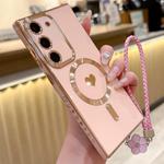For Samsung Galaxy S22 5G Pupil Side Heart MagSafe Electroplating Phone Case with Lanyard(Pink)