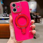 For iPhone 16 Plus Solid Color Electroplated Metal Holder Phone Case(Rose Red)