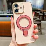 For iPhone 16 Solid Color Electroplated Metal Holder Phone Case(Rose Pink)