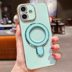 For iPhone 16 Solid Color Electroplated Metal Holder Phone Case(Light Green)