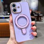 For iPhone 16 Solid Color Electroplated Metal Holder Phone Case(Light Purple)