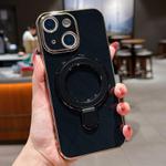 For iPhone 15 Plus Solid Color Electroplated Metal Holder Phone Case(Black)