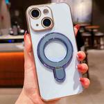 For iPhone 15 Solid Color Electroplated Metal Holder Phone Case(Sierra Blue)