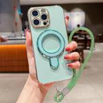 For iPhone 16 Pro Solid Color Electroplated Metal Holder Phone Case with Lanyard(Light Green)