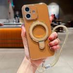 For iPhone 16 Plus Solid Color Electroplated Metal Holder Phone Case with Lanyard(Brown)