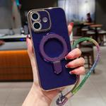 For iPhone 16 Solid Color Electroplated Metal Holder Phone Case with Lanyard(Dark Purple)