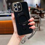 For iPhone 16 Solid Color Electroplated Metal Holder Phone Case with Lanyard(Black)
