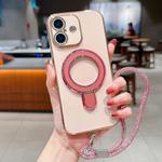 For iPhone 16 Solid Color Electroplated Metal Holder Phone Case with Lanyard(Rose Pink)