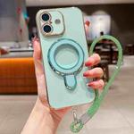For iPhone 16 Solid Color Electroplated Metal Holder Phone Case with Lanyard(Light Green)