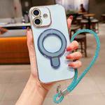 For iPhone 16 Solid Color Electroplated Metal Holder Phone Case with Lanyard(Sierra Blue)