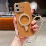 For iPhone 16 Solid Color Electroplated Metal Holder Phone Case with Lanyard(Brown)