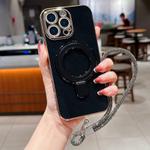 For iPhone 15 Pro Max Solid Color Electroplated Metal Holder Phone Case with Lanyard(Black)