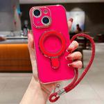 For iPhone 15 Plus Solid Color Electroplated Metal Holder Phone Case with Lanyard(Rose Red)