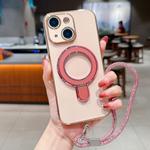 For iPhone 15 Plus Solid Color Electroplated Metal Holder Phone Case with Lanyard(Rose Pink)