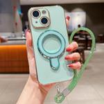 For iPhone 15 Plus Solid Color Electroplated Metal Holder Phone Case with Lanyard(Light Green)