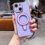For iPhone 15 Plus Solid Color Electroplated Metal Holder Phone Case with Lanyard(Light Purple)