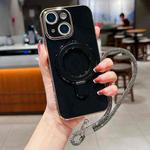 For iPhone 15 Solid Color Electroplated Metal Holder Phone Case with Lanyard(Black)