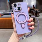 For iPhone 15 Solid Color Electroplated Metal Holder Phone Case with Lanyard(Light Purple)